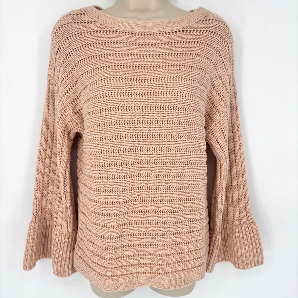 Ellen Tracy Womens Peach Pink Chunky Knit Ribbed Sweater Bell Sleeve Sz L